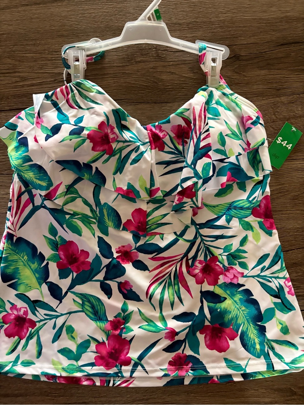 Riviera Floral Ruffle Swim Top - White, Green & Teal and black bottoms